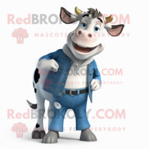 Silver Holstein Cow mascot costume character dressed with a Boyfriend Jeans and Wraps