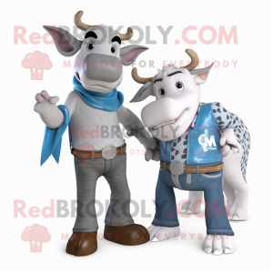 Silver Holstein Cow mascot costume character dressed with a Boyfriend Jeans and Wraps