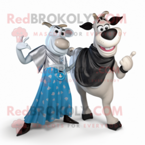 Silver Holstein Cow mascot costume character dressed with a Boyfriend Jeans and Wraps