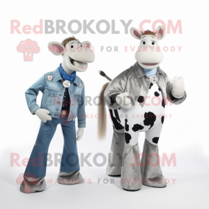 Silver Holstein Cow mascot costume character dressed with a Boyfriend Jeans and Wraps