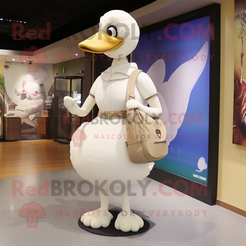 Cream Swan mascot costume character dressed with a Empire Waist Dress and Backpacks Cream Swan mascot costume character dressed with a Empire Waist Dress and Backpacks