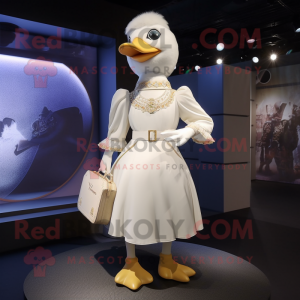 Cream Swan mascot costume character dressed with a Empire Waist Dress and Backpacks