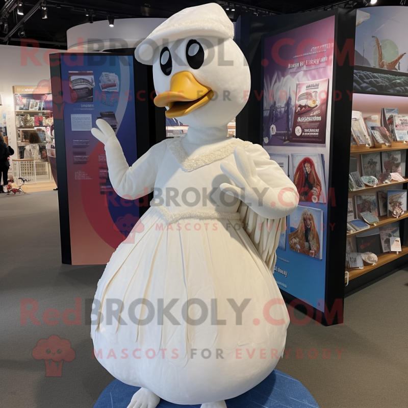 Cream Swan mascot costume character dressed with a Empire Waist Dress and Backpacks Cream Swan mascot costume character dressed with a Empire Waist Dress and Backpacks