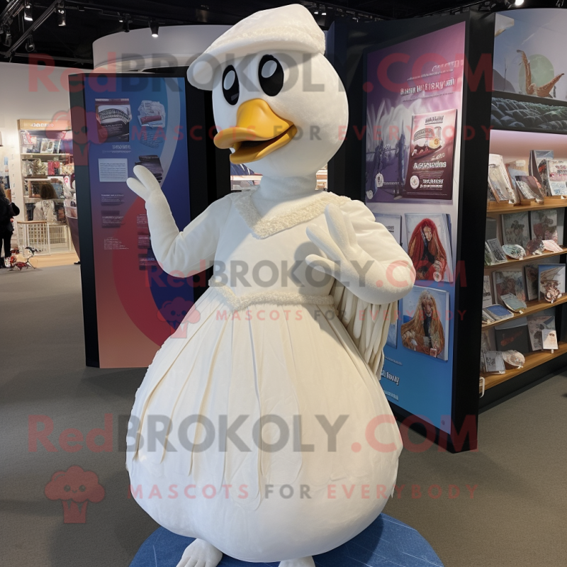 Cream Swan mascot costume character dressed with a Empire Waist Dress and Backpacks