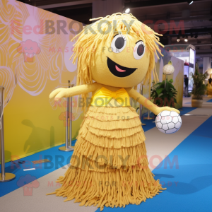 Gold Volleyball Net mascot costume character dressed with a Maxi Skirt and Hairpins