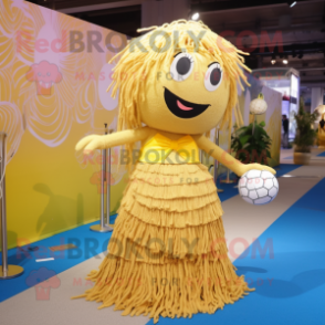 Gold Volleyball Net mascot costume character dressed with a Maxi Skirt and Hairpins