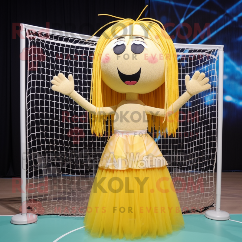 Gold Volleyball Net mascot costume character dressed with a Maxi Skirt and Hairpins Gold Volleyball Net mascot costume character dressed with a Maxi Skirt and Hairpins