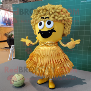 Gold Volleyball Net mascot costume character dressed with a Maxi Skirt and Hairpins
