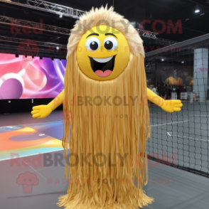 Gold Volleyball Net mascot costume character dressed with a Maxi Skirt and Hairpins