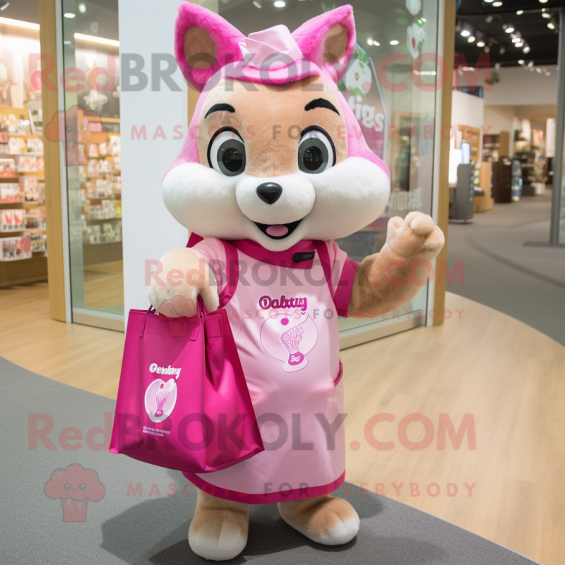 Pink Squirrel mascot costume character dressed with a Shift Dress and Tote bags