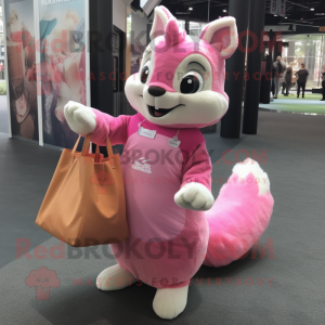 Pink Squirrel mascot costume character dressed with a Shift Dress and Tote bags