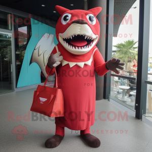 Red Megalodon mascot costume character dressed with a Shift Dress and Clutch bags