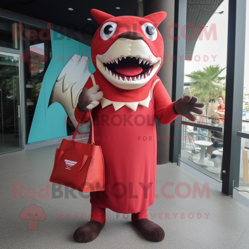 Red Megalodon mascot costume character dressed with a Shift Dress and Clutch bags Red Megalodon mascot costume character dressed with a Shift Dress and Clutch bags