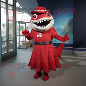 Red Megalodon mascot costume character dressed with a Shift Dress and Clutch bags