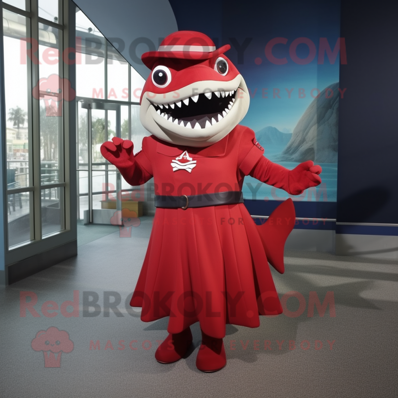 Red Megalodon mascot costume character dressed with a Shift Dress and Clutch bags