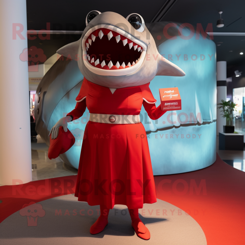 Red Megalodon mascot costume character dressed with a Shift Dress and Clutch bags