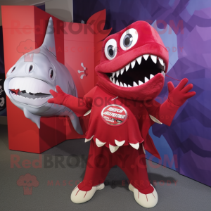 Red Megalodon mascot costume character dressed with a Shift Dress and Clutch bags