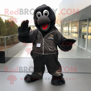 Black Champagne mascot costume character dressed with a Windbreaker and Clutch bags