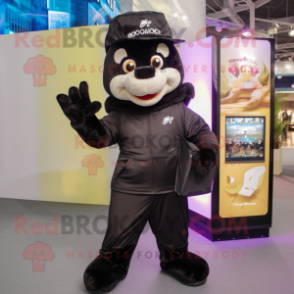 Black Champagne mascot costume character dressed with a Windbreaker and Clutch bags
