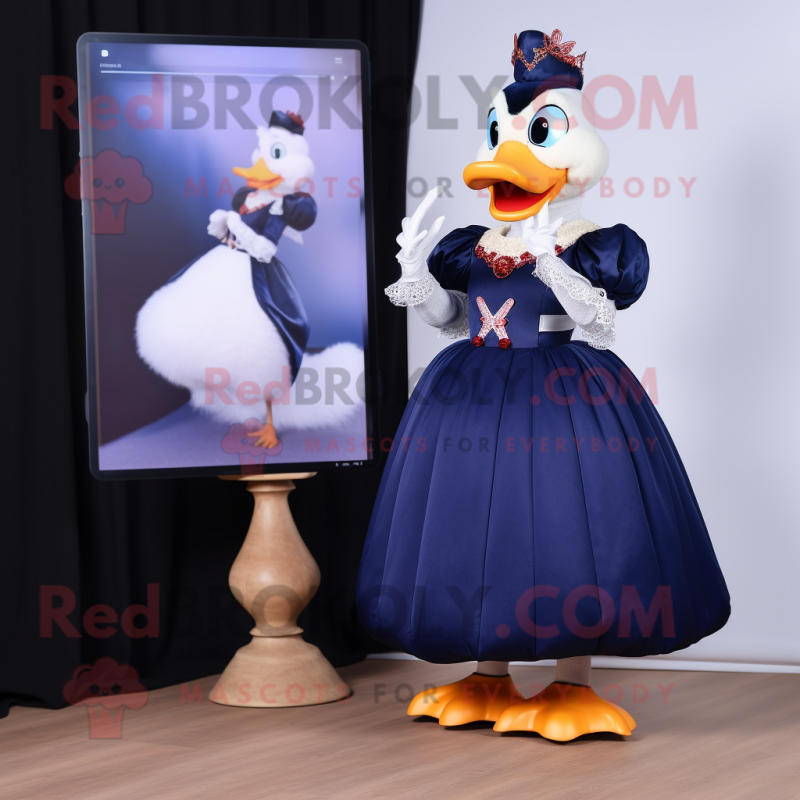 Navy Muscovy Duck mascot costume character dressed with a Ball Gown and Smartwatches