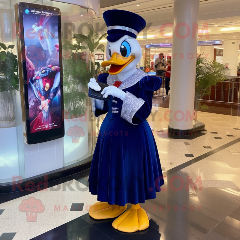 Navy Muscovy Duck mascot costume character dressed with a Ball Gown and Smartwatches Navy Muscovy Duck mascot costume character dressed with a Ball Gown and Smartwatches