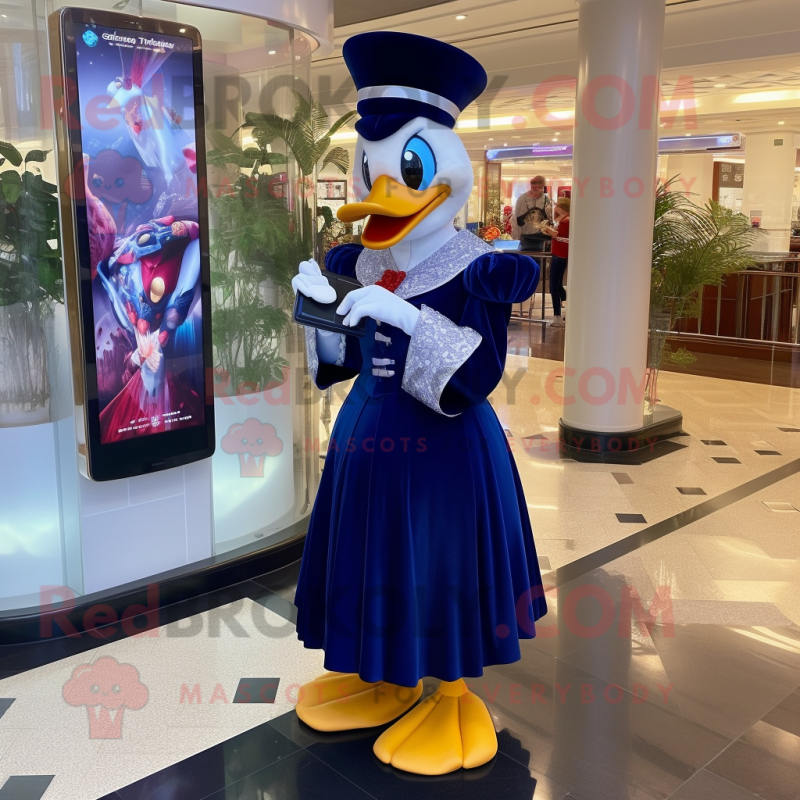 Navy Muscovy Duck mascot costume character dressed with a Ball Gown and Smartwatches