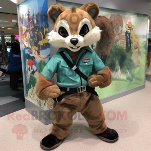 Brown Civet mascot costume character dressed with a Windbreaker and Belts