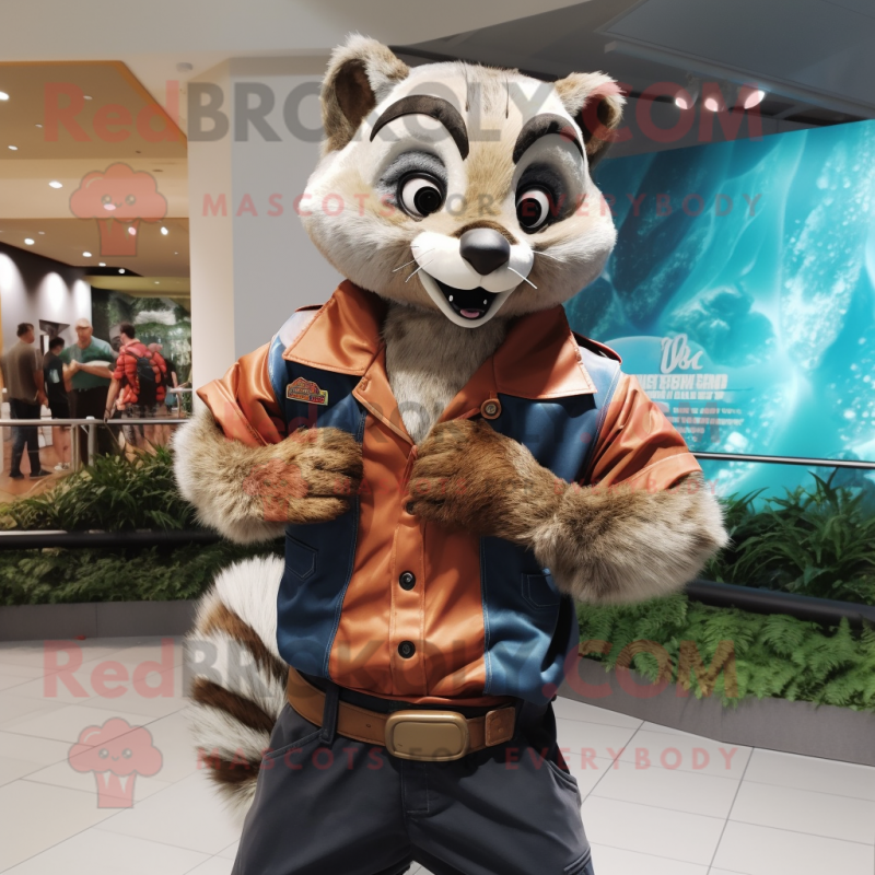 Brown Civet mascot costume character dressed with a Windbreaker and Belts