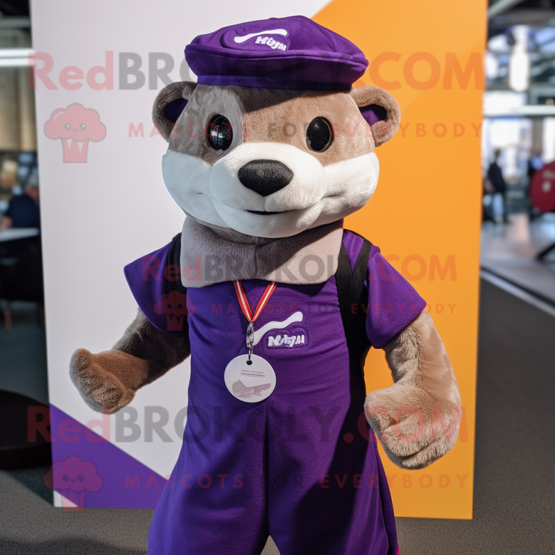 Purple Ferret mascot costume character dressed with a Henley Tee and Headbands Purple Ferret mascot costume character dressed with a Henley Tee and Headbands