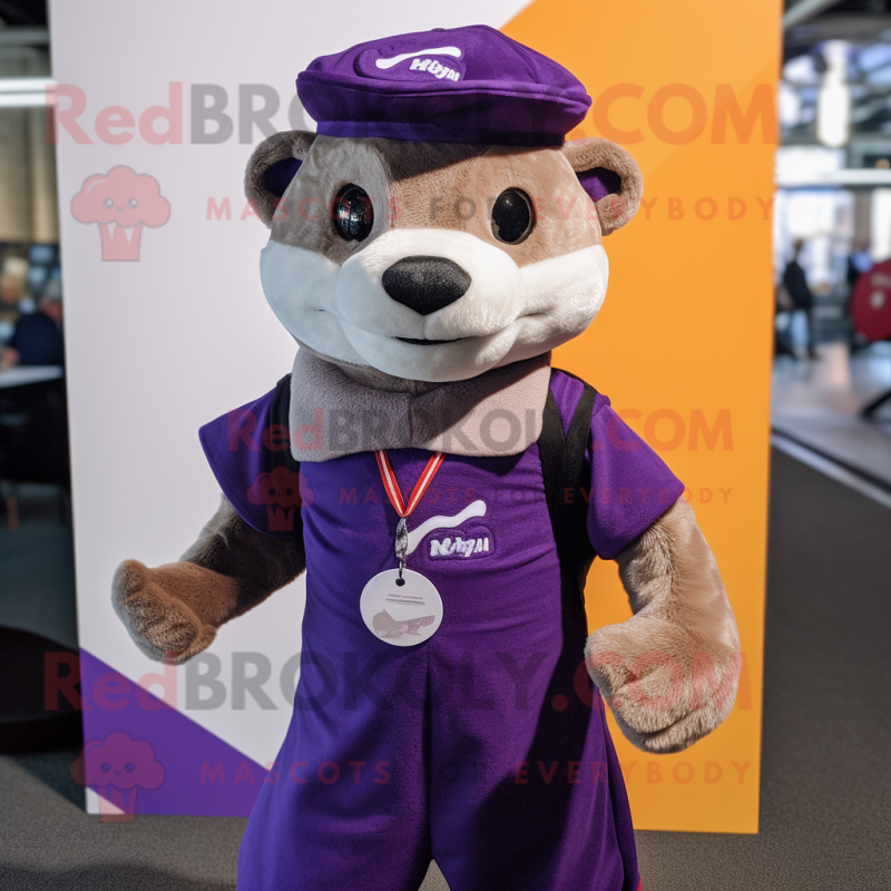 Purple Ferret mascot costume character dressed with a Henley Tee and Headbands