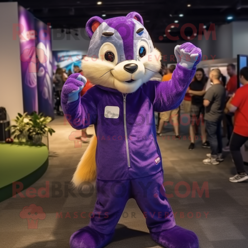 Purple Ferret mascot costume character dressed with a Henley Tee and Headbands Purple Ferret mascot costume character dressed with a Henley Tee and Headbands