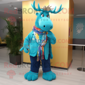 Cyan Moose mascot costume character dressed with a Flare Jeans and Scarf clips