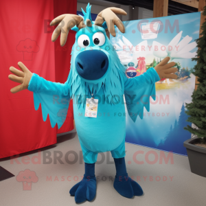 Cyan Moose mascot costume character dressed with a Flare Jeans and Scarf clips