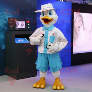 Cyan Muscovy Duck mascot costume character dressed with a Button-Up Shirt and Digital watches