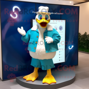 Cyan Muscovy Duck mascot costume character dressed with a Button-Up Shirt and Digital watches