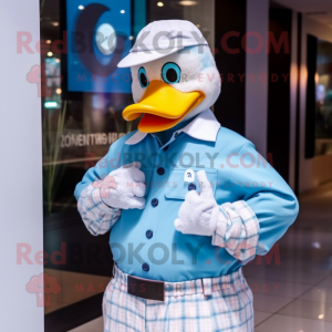 Cyan Muscovy Duck mascot costume character dressed with a Button-Up Shirt and Digital watches