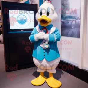 Cyan Muscovy Duck mascot costume character dressed with a Button-Up Shirt and Digital watches