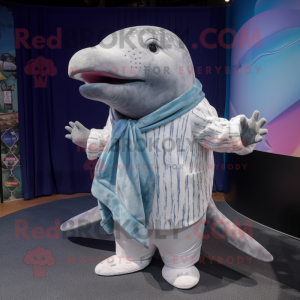 Silver Humpback Whale mascot costume character dressed with a Cardigan and Brooches