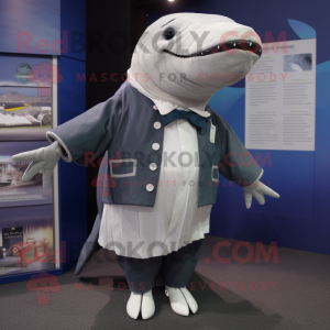 Silver Humpback Whale mascot costume character dressed with a Cardigan and Brooches