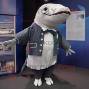 Silver Humpback Whale mascot costume character dressed with a Cardigan and Brooches