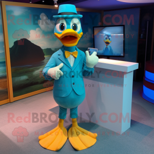 Cyan Duck mascot costume character dressed with a Capri Pants and Tie pins