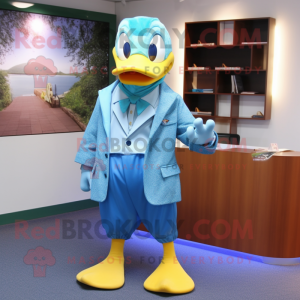 Cyan Duck mascot costume character dressed with a Capri Pants and Tie pins