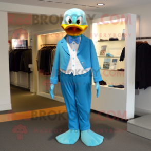 Cyan Duck mascot costume character dressed with a Capri Pants and Tie pins