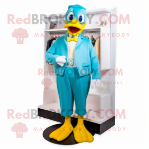 Cyan Duck mascot costume character dressed with a Capri Pants and Tie pins