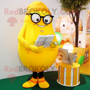 Yellow Pumpkin mascot costume character dressed with a Swimwear and Reading glasses