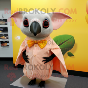 Peach Fruit Bat mascot costume character dressed with a Wrap Skirt and Tie pins