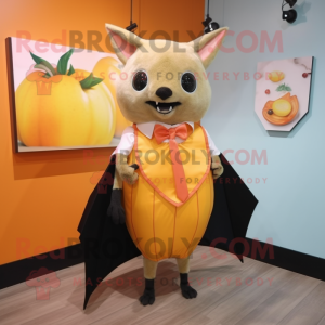 Peach Fruit Bat mascot costume character dressed with a Wrap Skirt and Tie pins