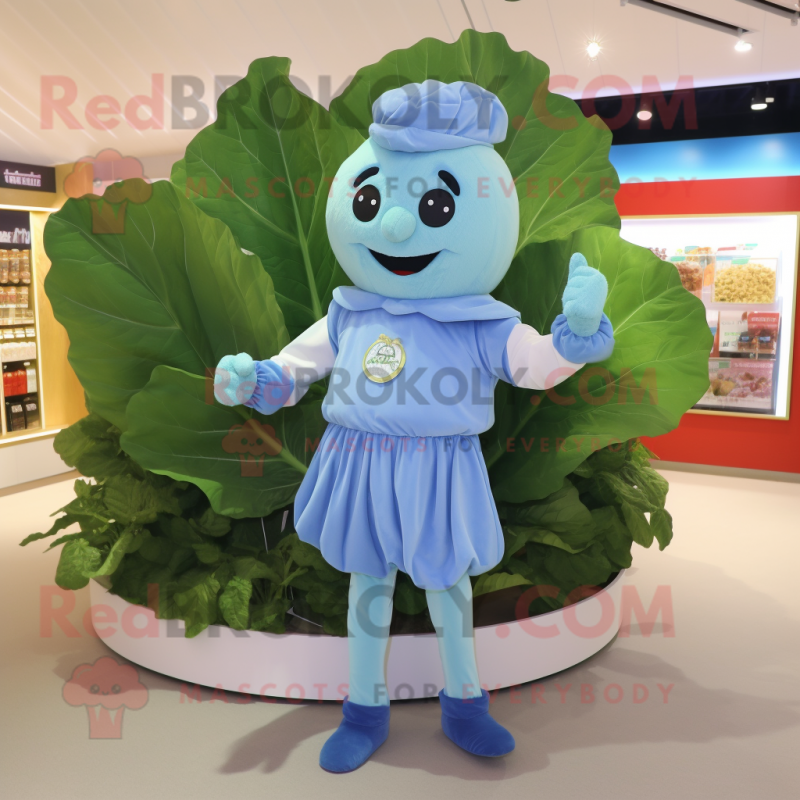 Sky Blue Cabbage Leaf mascot costume character dressed with a Romper and Brooches Sky Blue Cabbage Leaf mascot costume character dressed with a Romper and Brooches