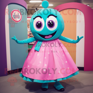 Turquoise Pink mascot costume character dressed with a Circle Skirt and Suspenders