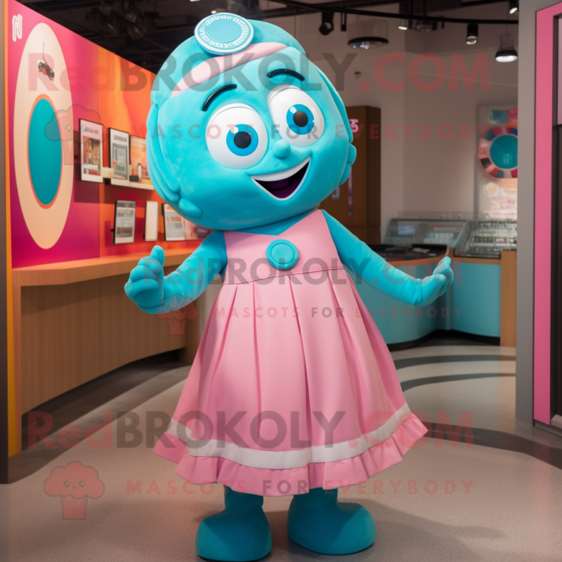 Turquoise Pink mascot costume character dressed with a Circle Skirt and Suspenders